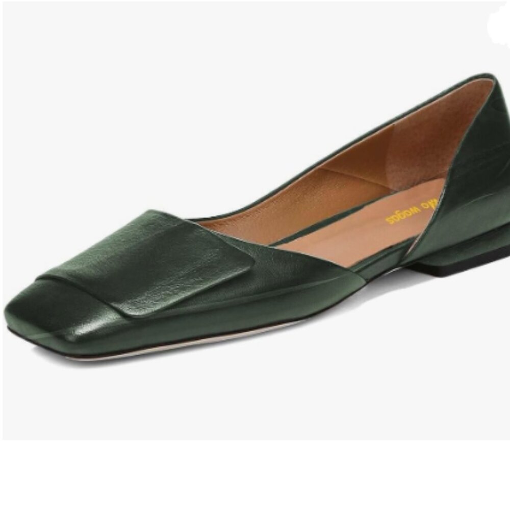 Dark Green Pump Side Cut Block Low Heel Square Toe Slip On Shoe Working Shopping